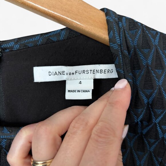 Diane Von Furstenberg Black and Blue Geometric Pattern Jacquard Madyson Dress - Picture 4 of 13